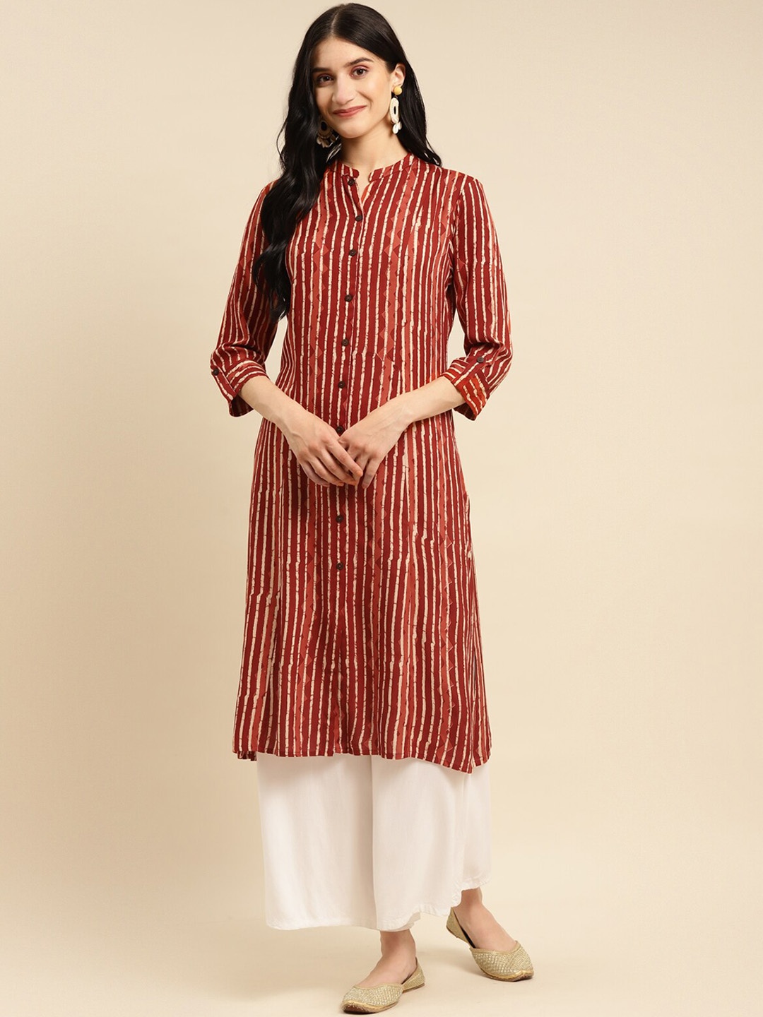 

Rangita Round Neck Striped Printed Roll-Up Sleeve A-Line Kurta, Rust