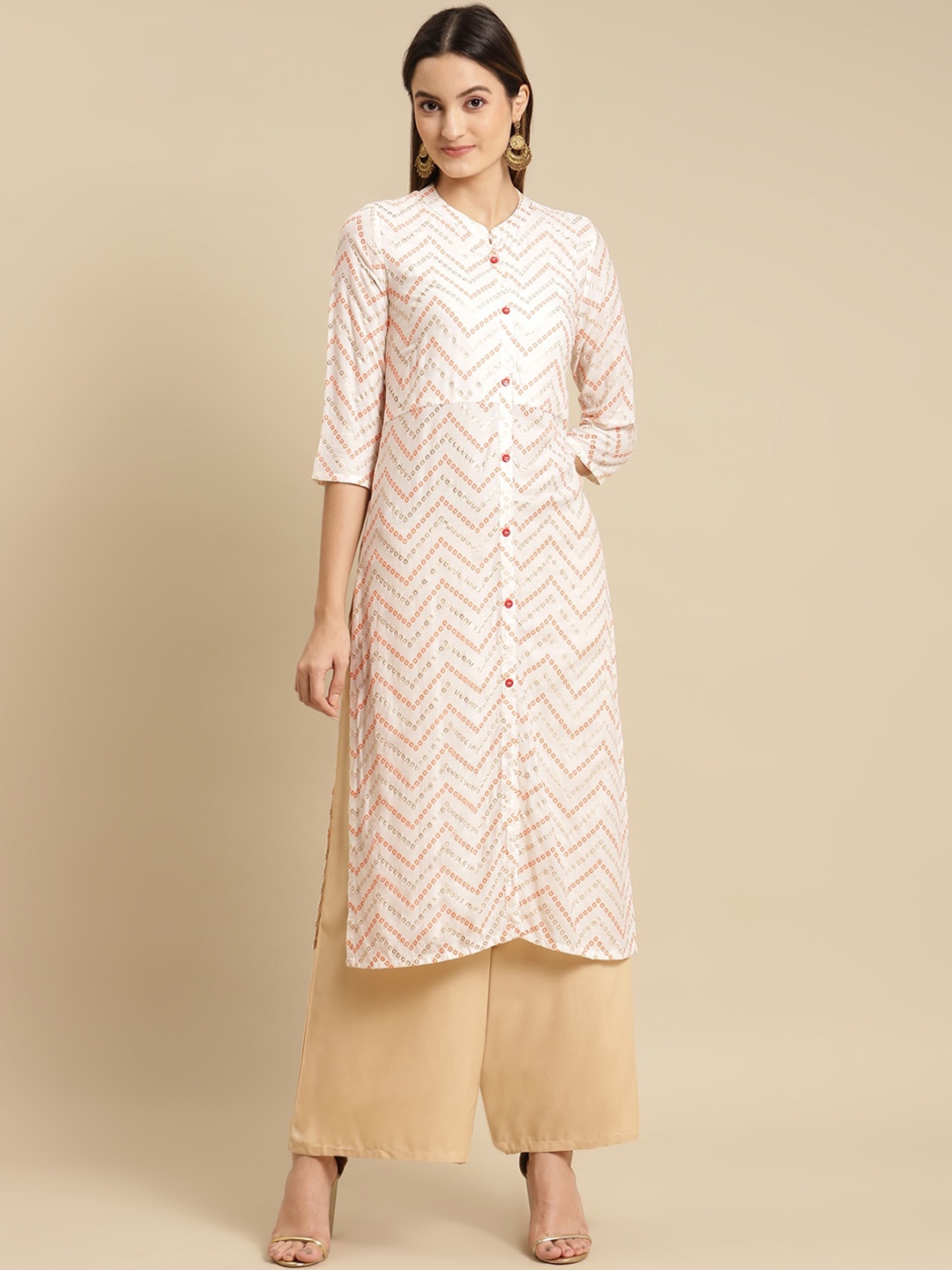 

Rangita Bandhani Printed Band Collar Straight Kurta, Off white