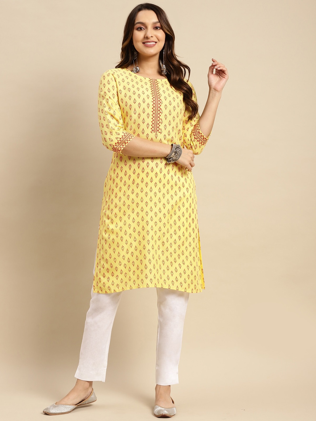 Rangita Ethnic Motifs Printed Round Neck Straight Kurta, Yellow