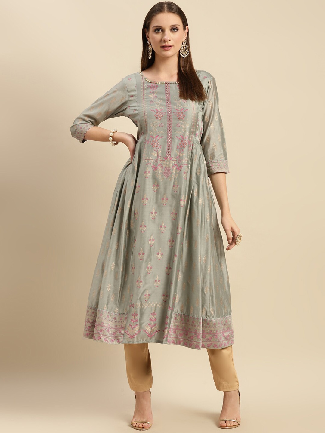 

Rangita Floral Printed Beads & Stones Pleated Kurta, Olive