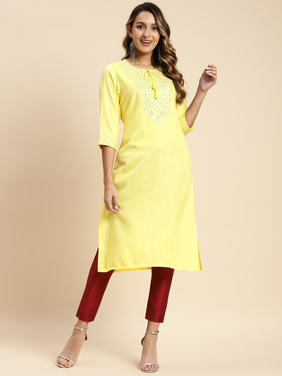 

Rangita Ethnic Motifs Embroidered Tie-Up Neck Sequined Straight Kurta, Yellow