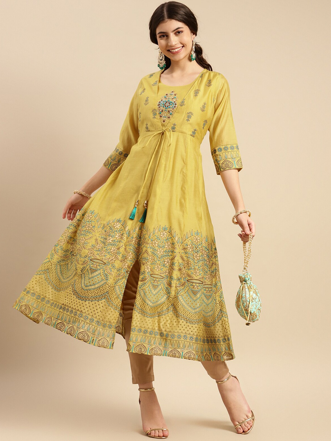 

Rangita Floral Printed Beads & Stones Chanderi Silk Anarkali Kurta, Mustard