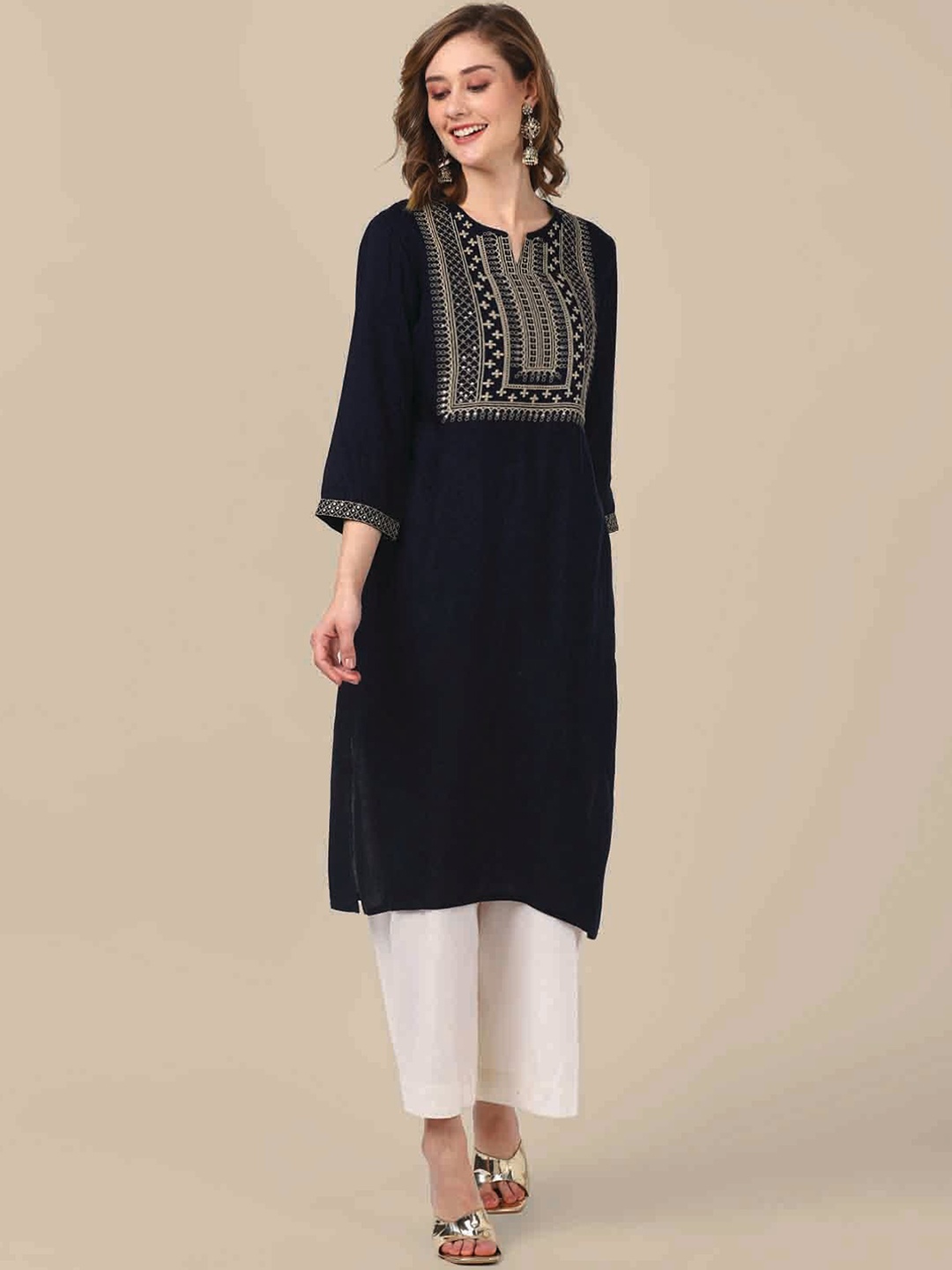 

Rangita Ethnic Motifs Yoke Design Sequined Notched Neck Straight Kurta, Navy blue