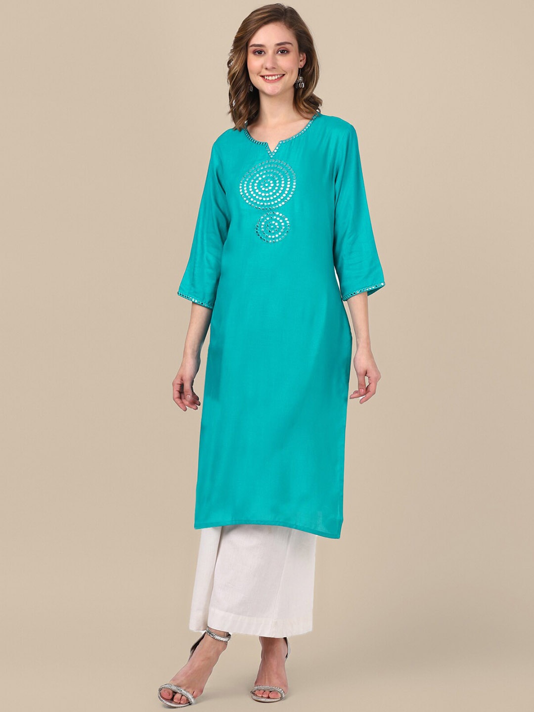 

Rangita Embellished Mirror Work Detailed Straight Kurta, Turquoise blue