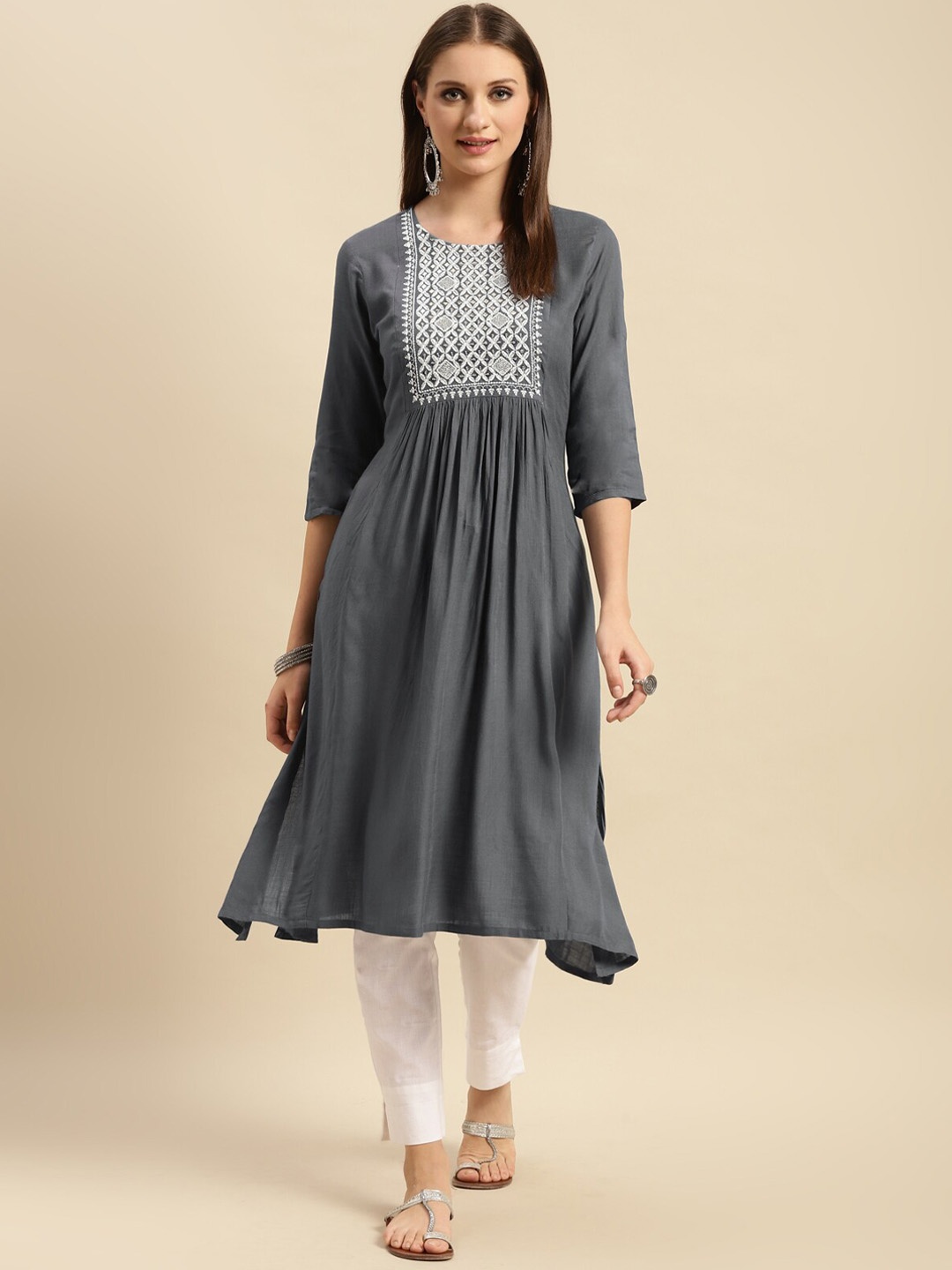 

Rangita Ethnic Motifs Yoke Design Thread Work A-Line Kurta, Grey