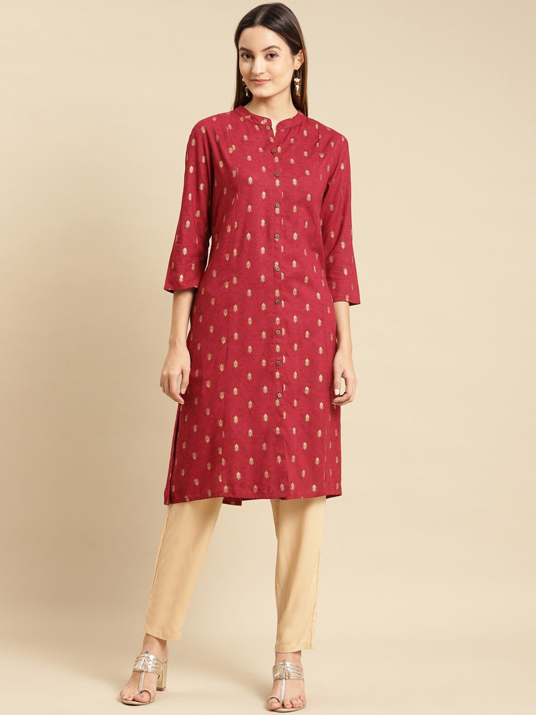 

Rangita Ethnic Motifs Printed Zari Detailed Mandarin Collar A-Line Kurta, Maroon