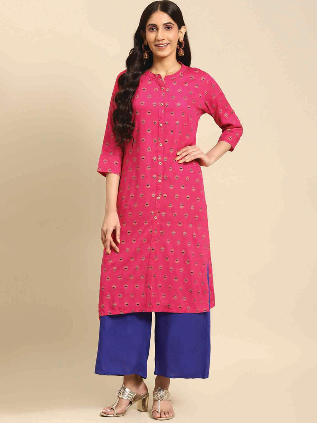 

Rangita Ethnic Motifs Printed Mandarin Collar Straight Regular Kurta, Pink