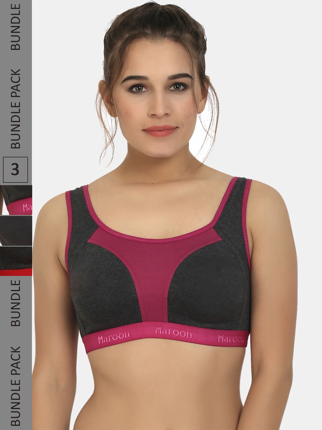 

MAROON Pack Of 3 Seamless Cotton Full Coverage Workout Bra With All Day Comfort, Black
