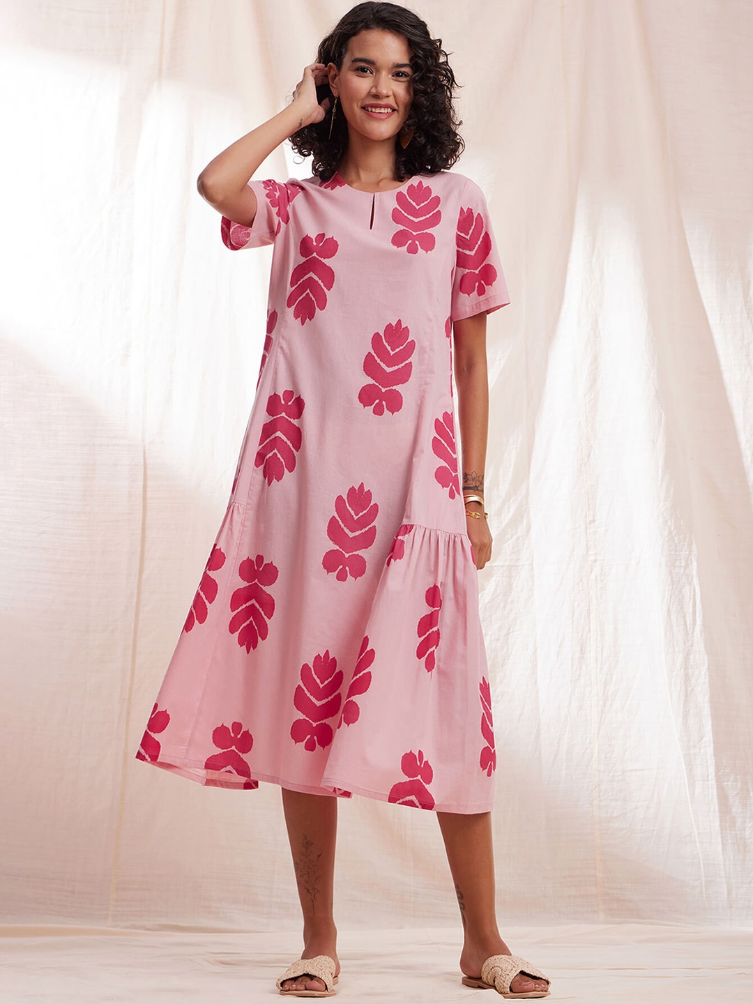 

Pink Fort Ethnic Motifs Printed Pure Cotton A-Line Dress
