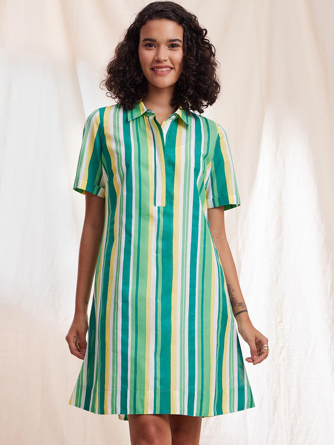 

Pink Fort Striped Pure Cotton A-Line Dress, Green