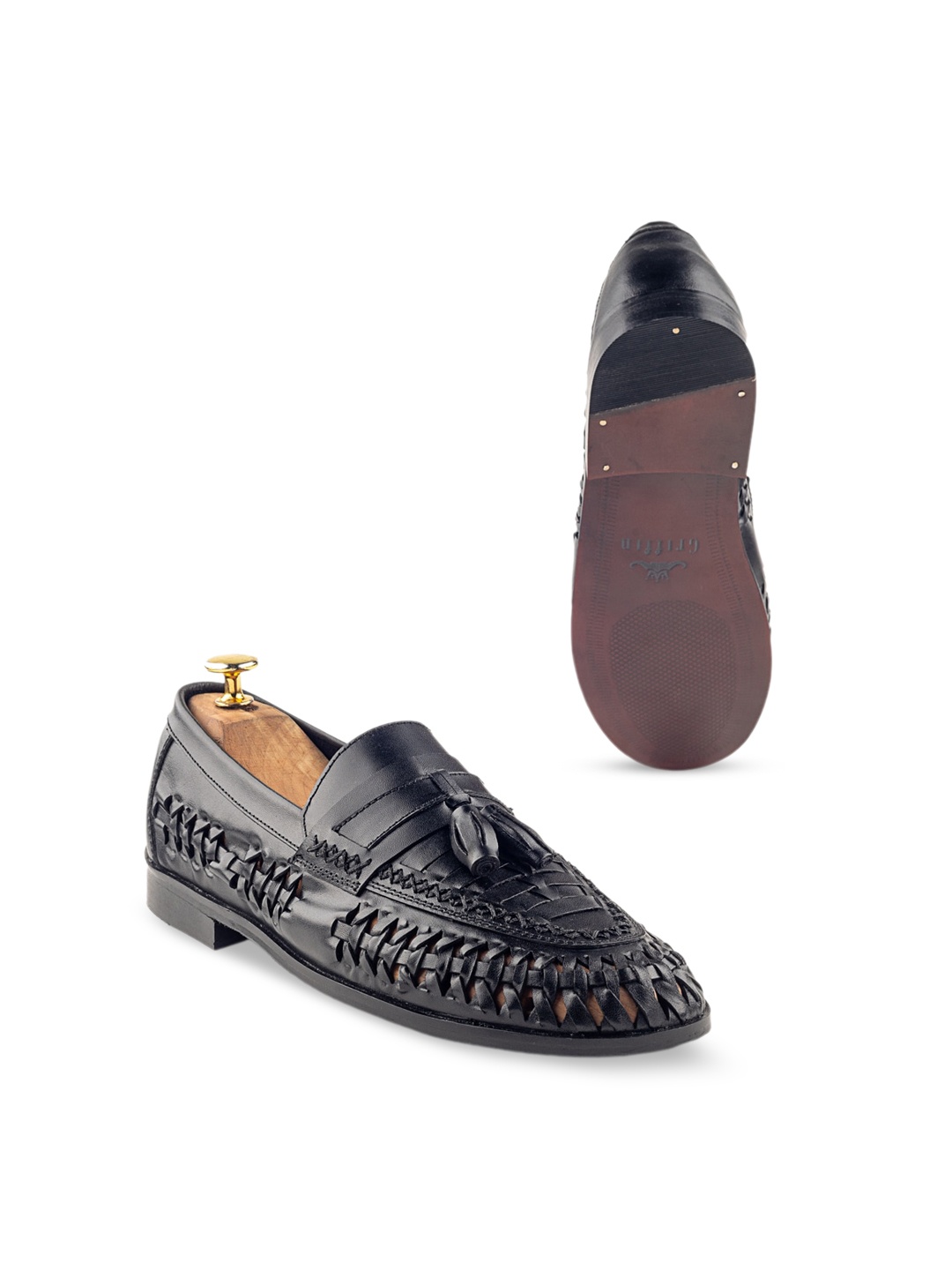 

GRIFFIN Men Latex Lined Textured Leather Tassel Loafers, Black