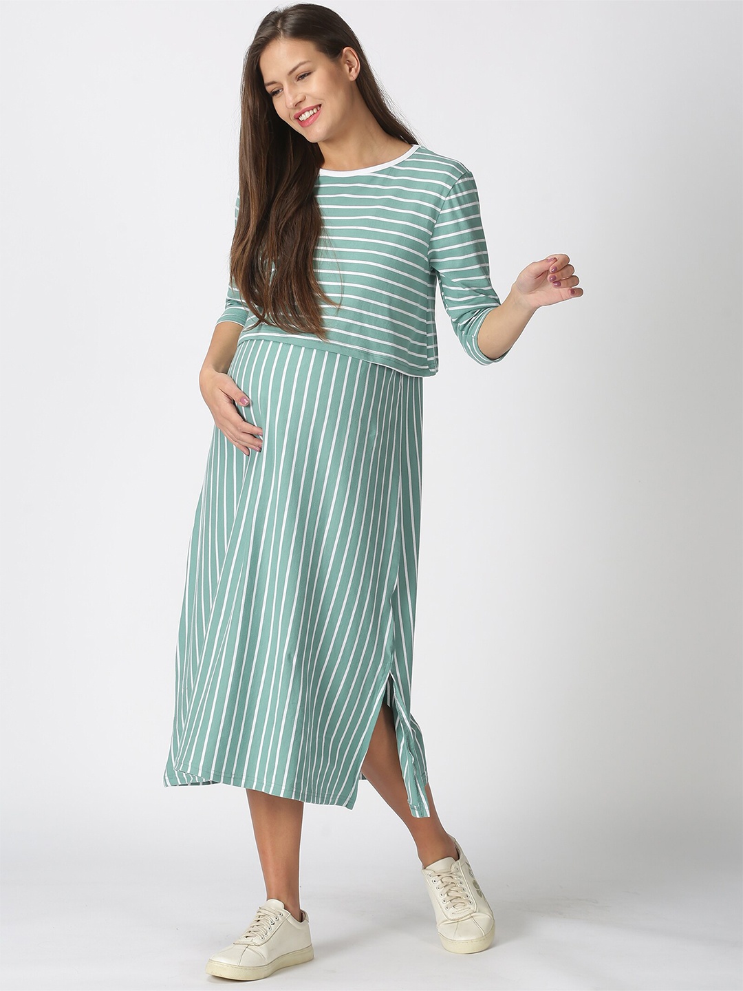 

PURPLE FLAUNT Striped Layered Maternity A-Line Midi Dress, Green