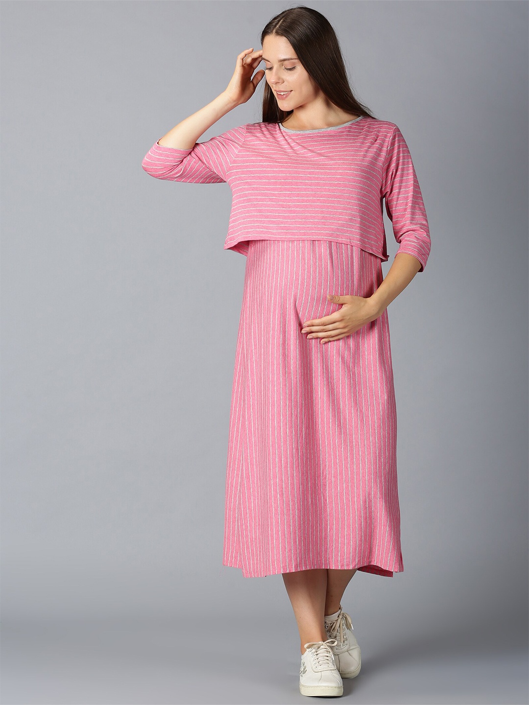 

PURPLE FLAUNT Striped Layered Maternity A-Line Midi Dress, Pink