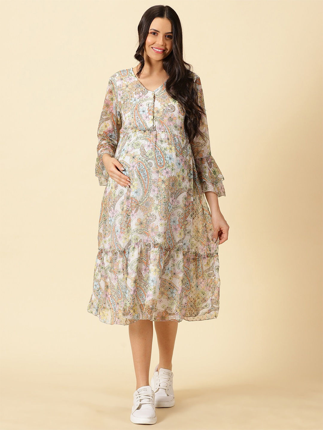 

PURPLE FLAUNT Floral Printed Bell Sleeves Maternity A-Line Midi Chiffon Dress, White