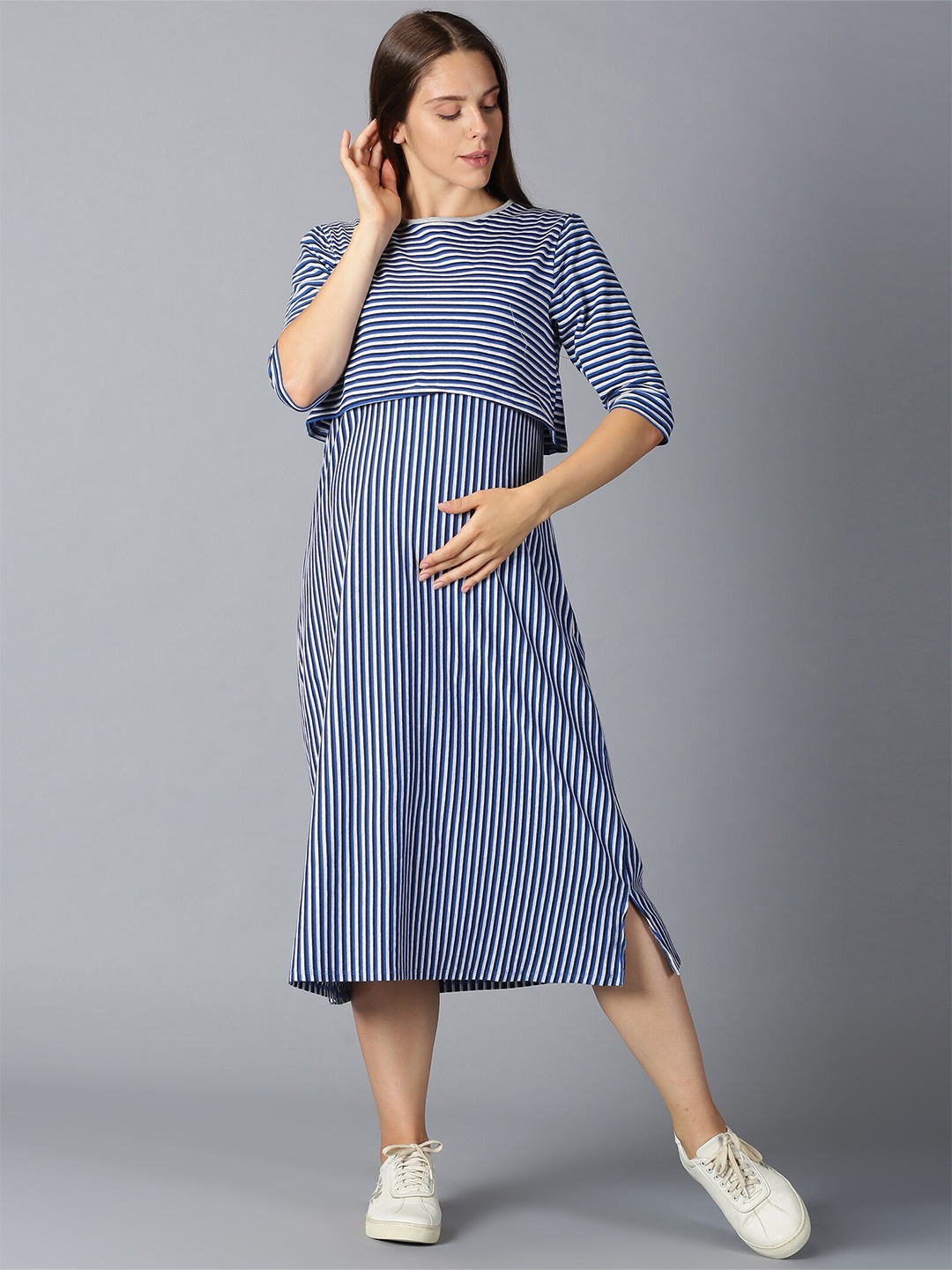 

PURPLE FLAUNT Striped Layered Maternity A-Line Midi Dress, Blue