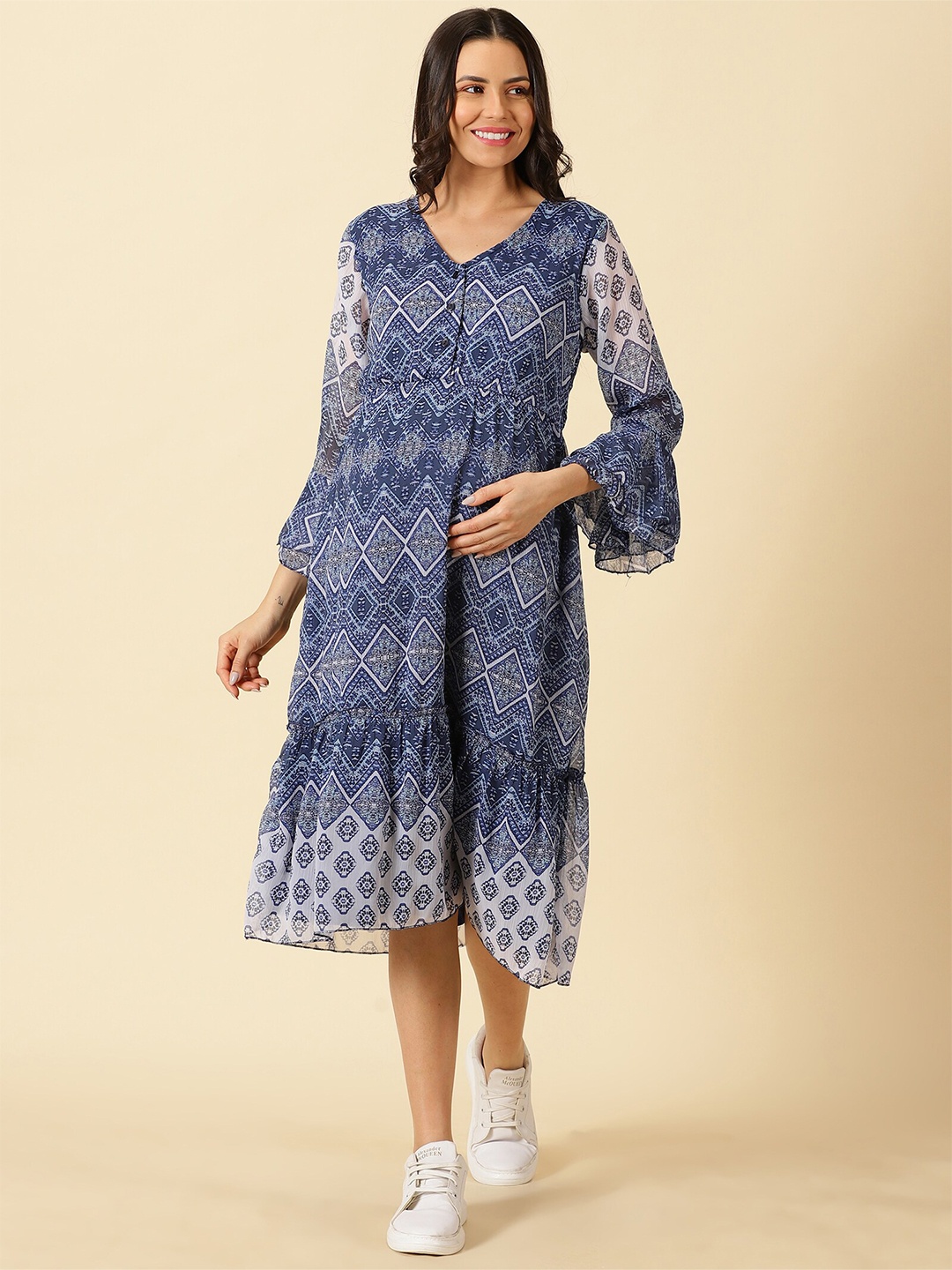 

PURPLE FLAUNT Geometric Printed Maternity A-Line Midi Chiffon Dress, Blue