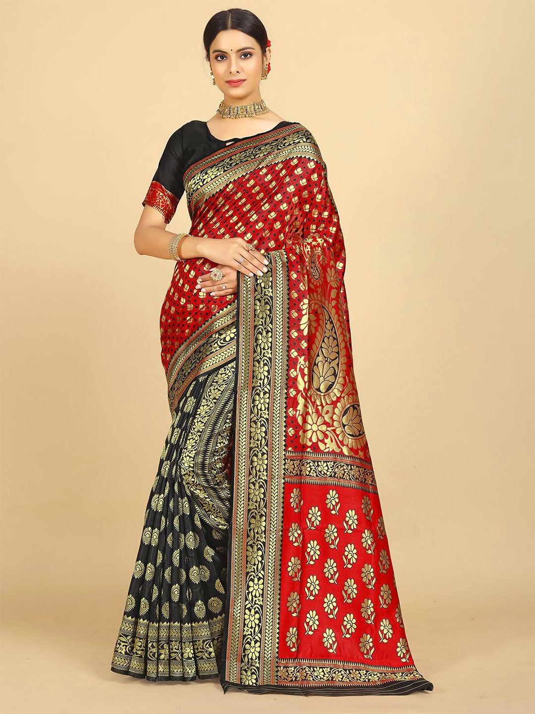 

Rangita Ethnic Motifs Woven Design Zari Jacquard Banarasi Saree, Black