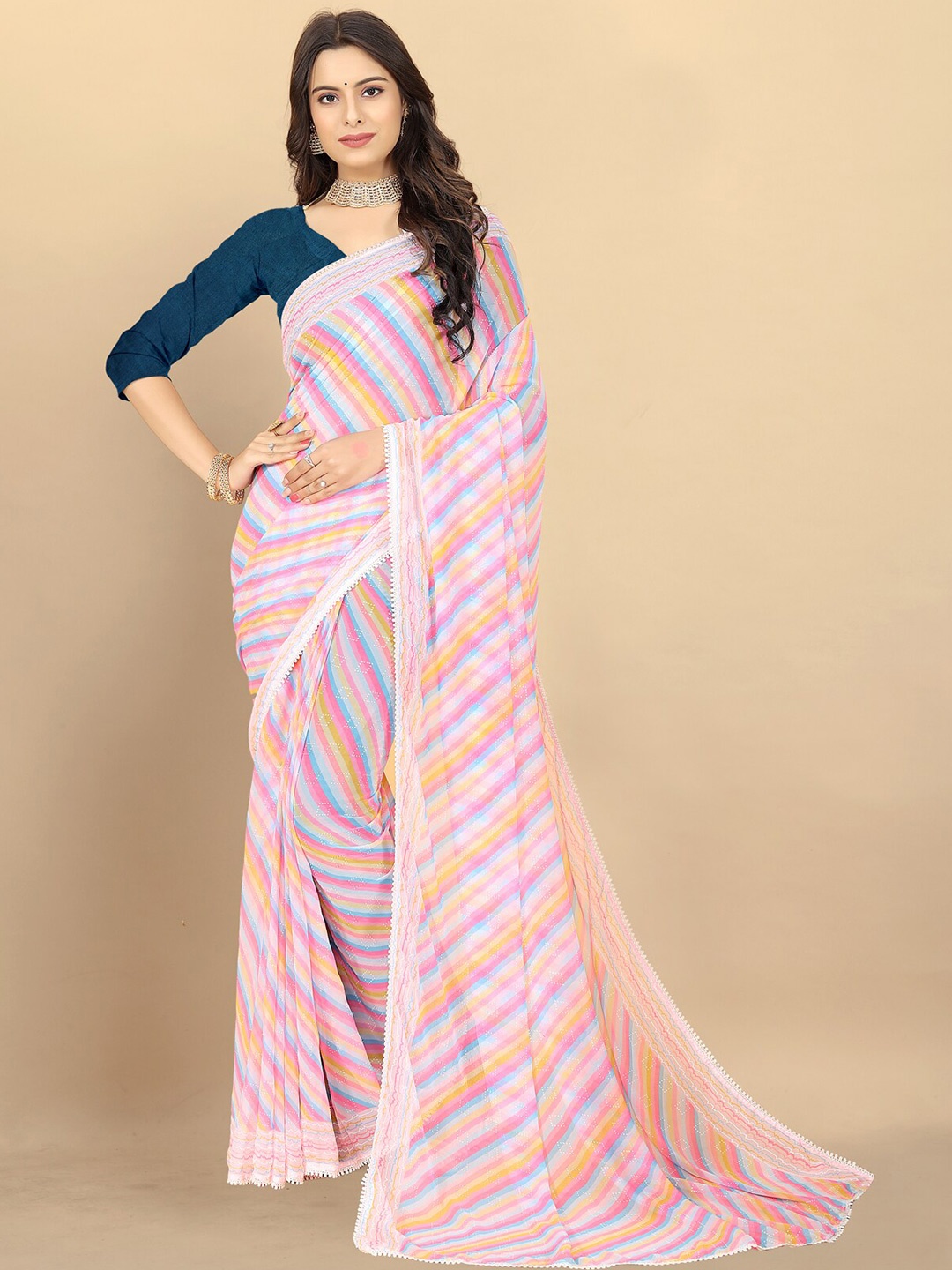 

Rangita Striped Embellished Saree, Pink