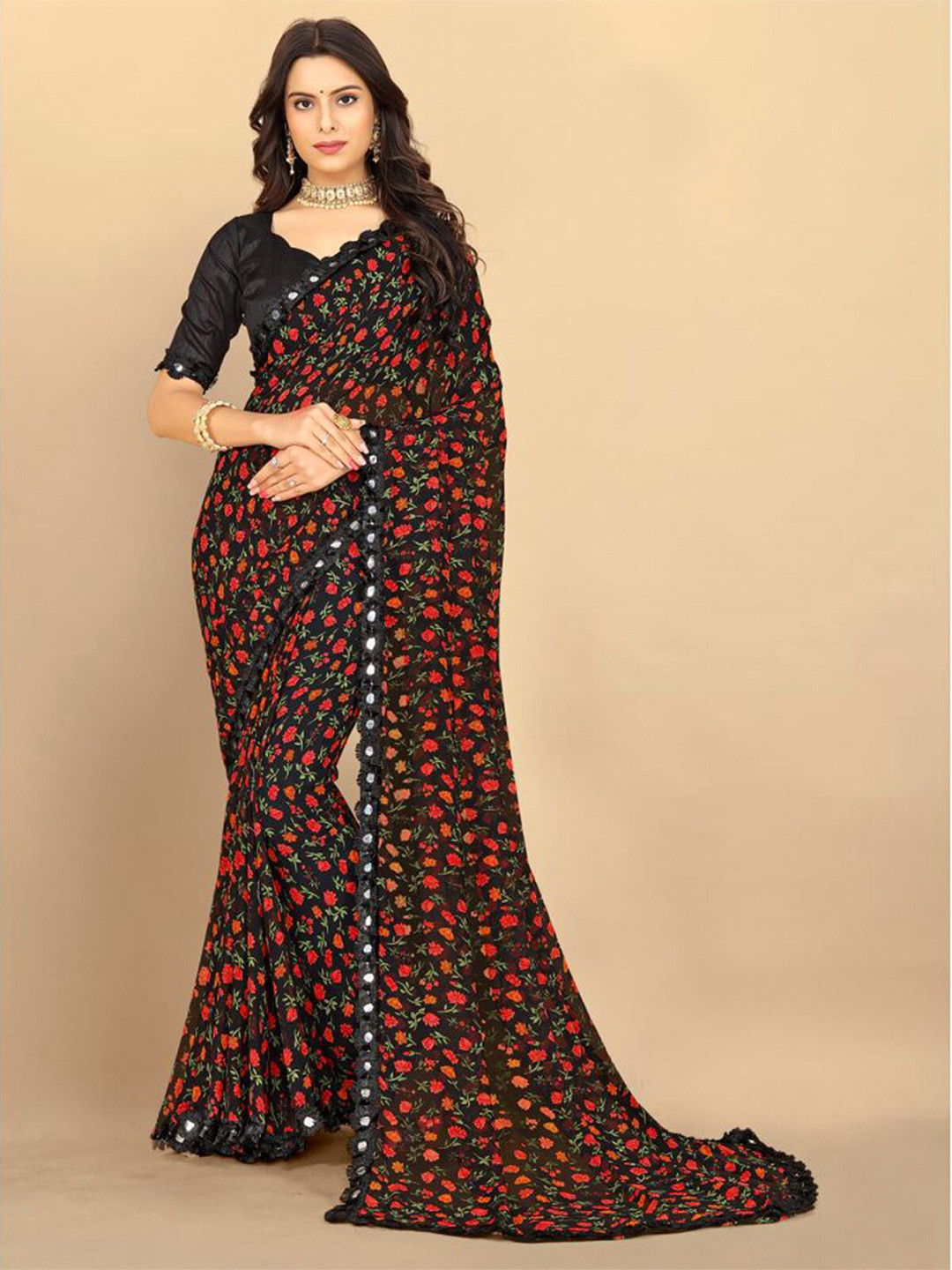 

Rangita Floral Printed Mirror Work Detail Saree, Black