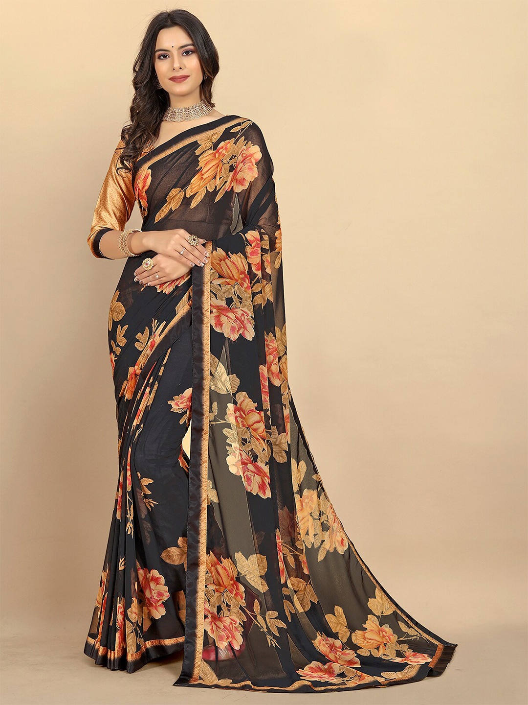 

Rangita Floral Printed Saree, Black