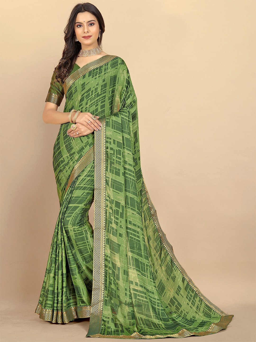 

Rangita Abstract Printed Zari Saree, Green