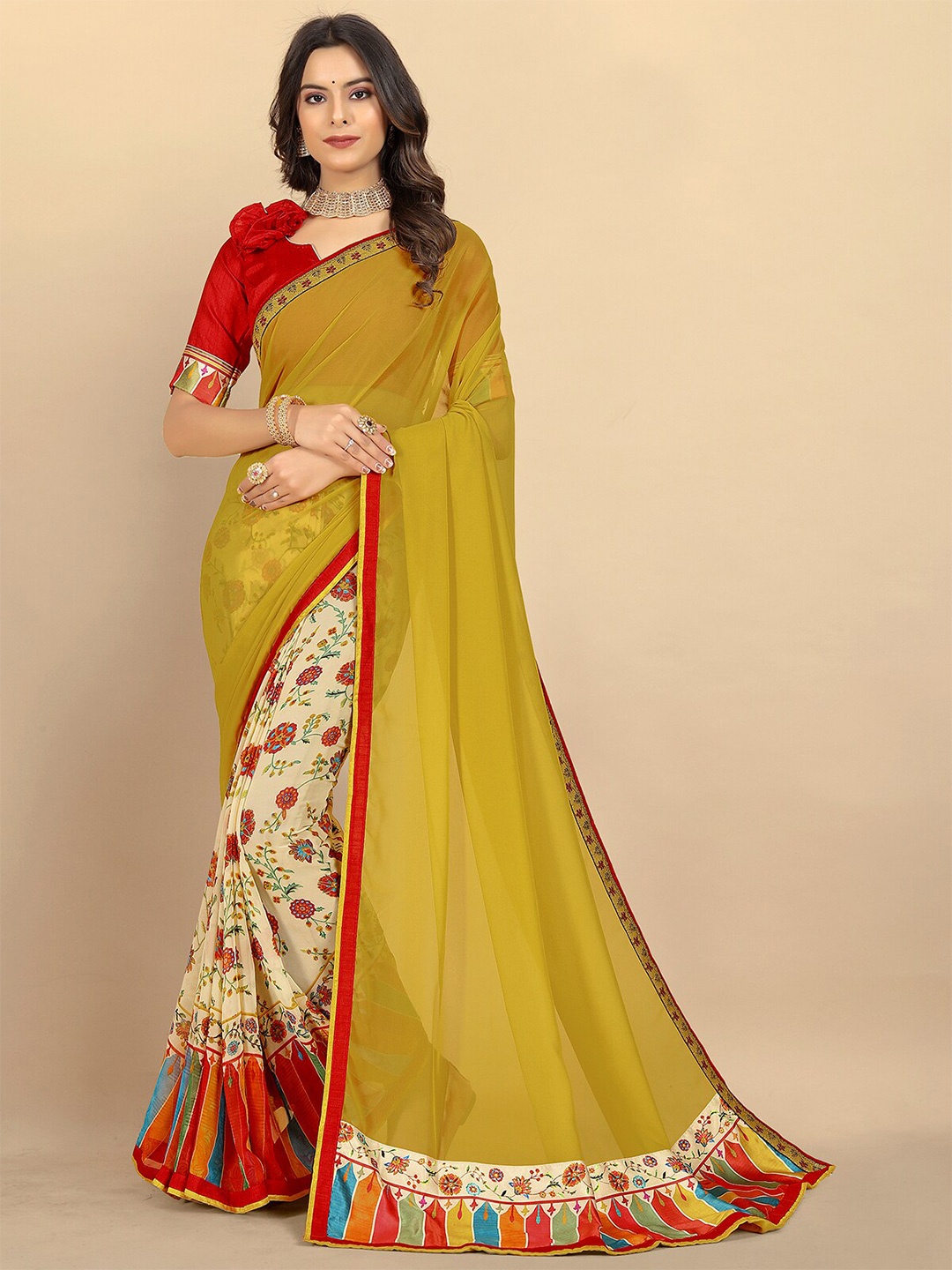 

Rangita Floral Printed Half and Half Saree, Yellow