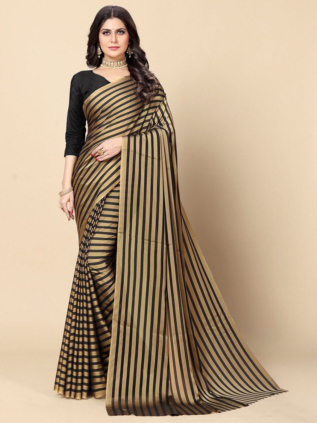Rangita Striped Poly Georgette Saree, Gold