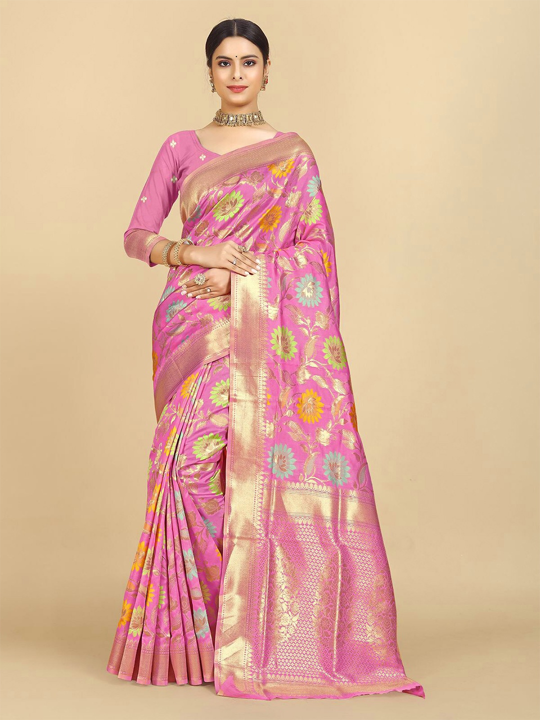 

Rangita Ethnic Motifs Woven Design Zari Banarasi Saree, Pink
