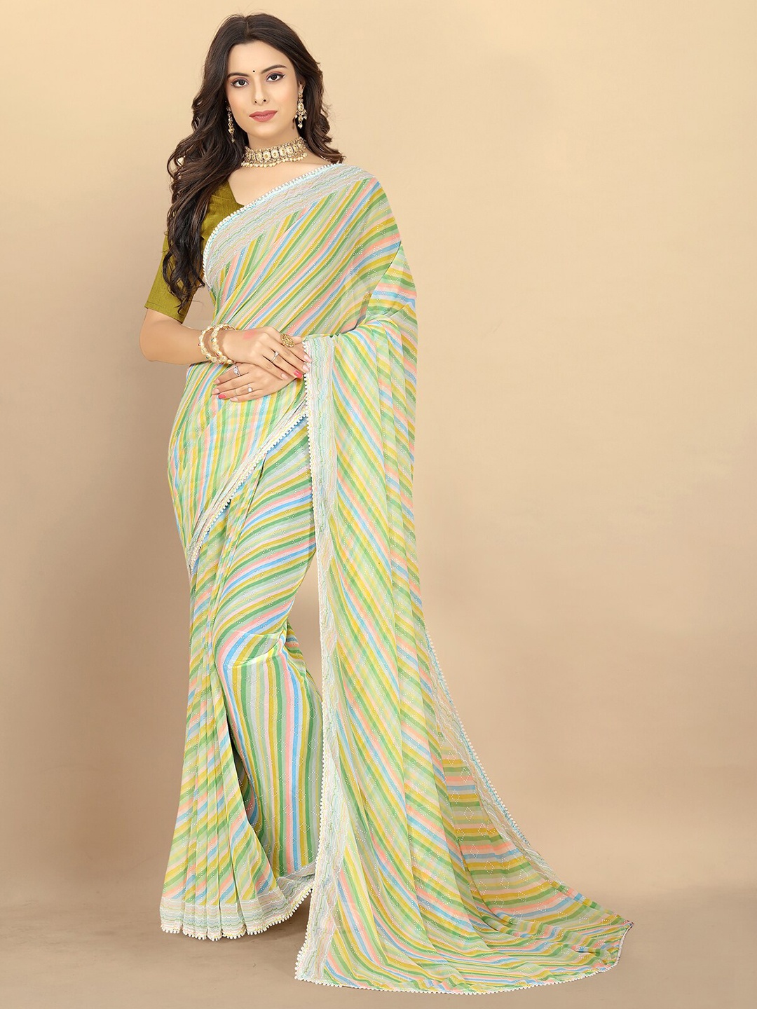 Rangita Striped Embellished Saree, Green