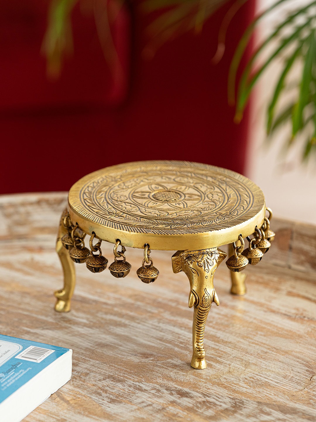 

ExclusiveLane Elephant Design Beige Brass Chowki, Gold