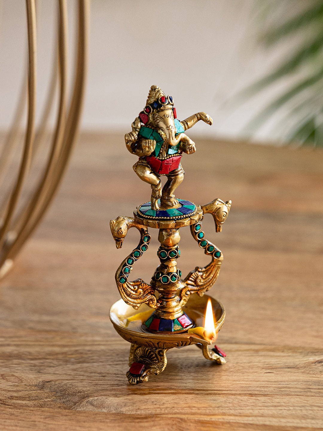 

ExclusiveLane Yellow & Blue Ganesha Brass Diya, Gold