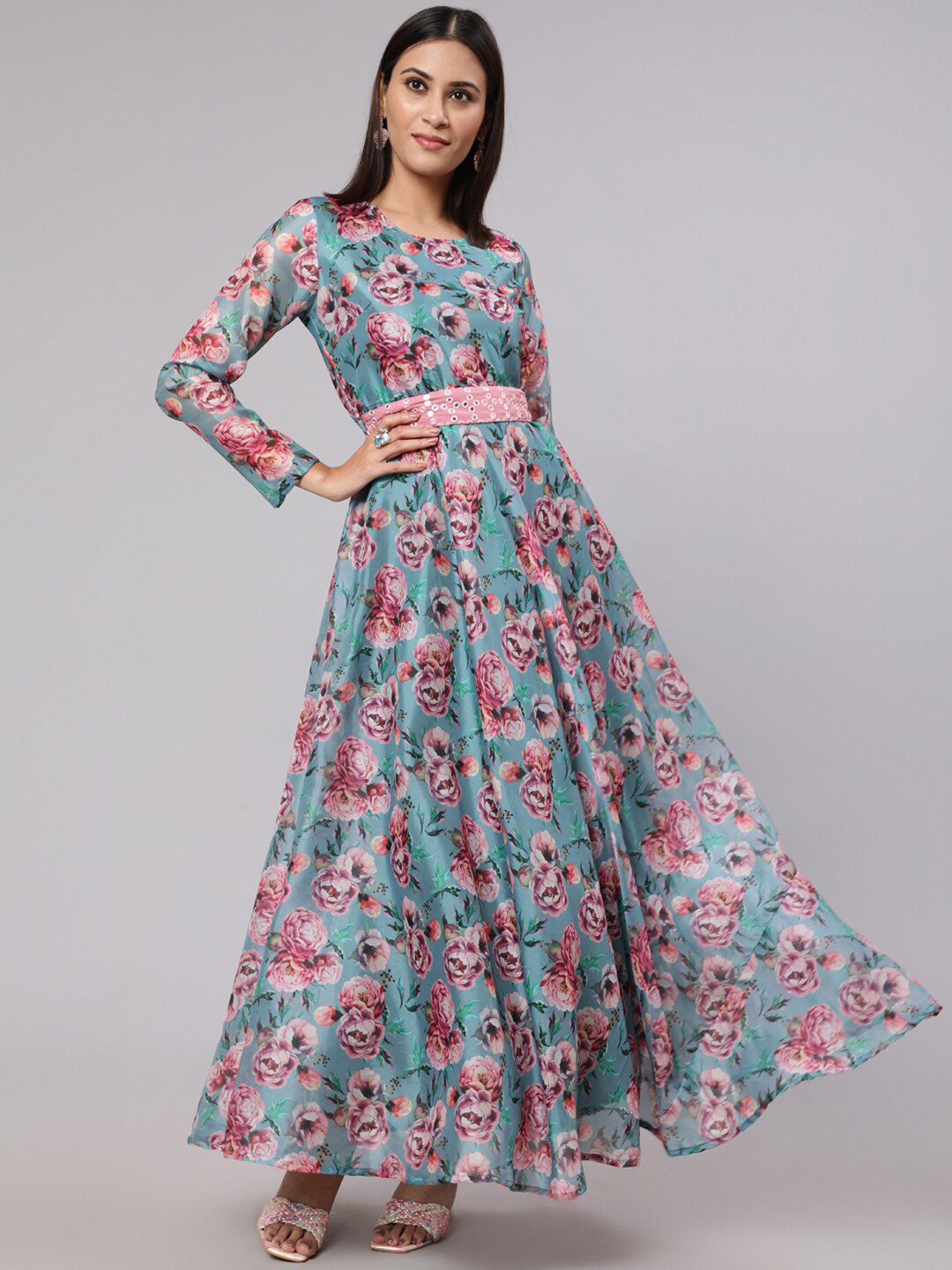 

AKS Couture Blue Floral Printed Organza Maxi Ethnic Dress Mirror Work Belt