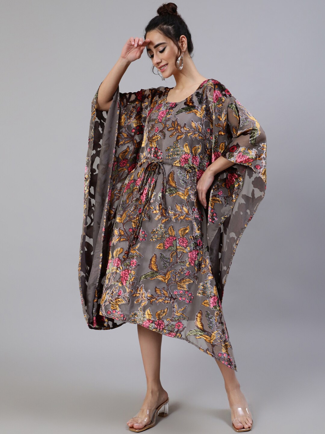 

AKS Couture Floral Printed Velvet Kaftan Midi Dress, Grey