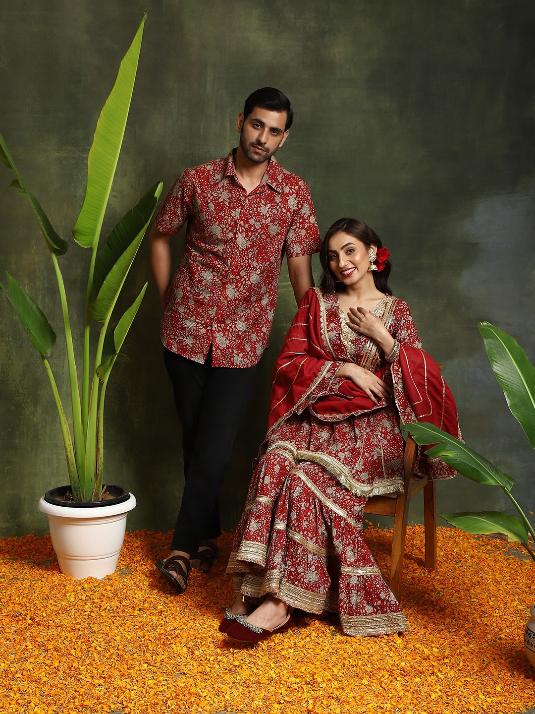 

AKS Floral Printed V-Neck Mirror Work Pure Cotton Anarkali Kurta & Sharara With Dupatta, Maroon