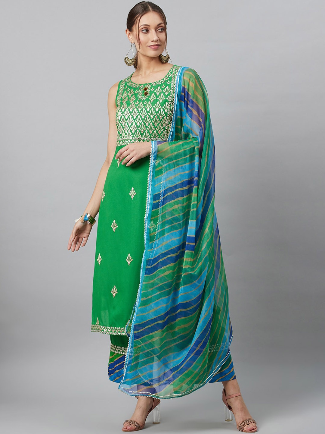 

AKS Couture Ethnic Motifs Embroidered Straight Kurta & Palazzos With Dupatta, Green