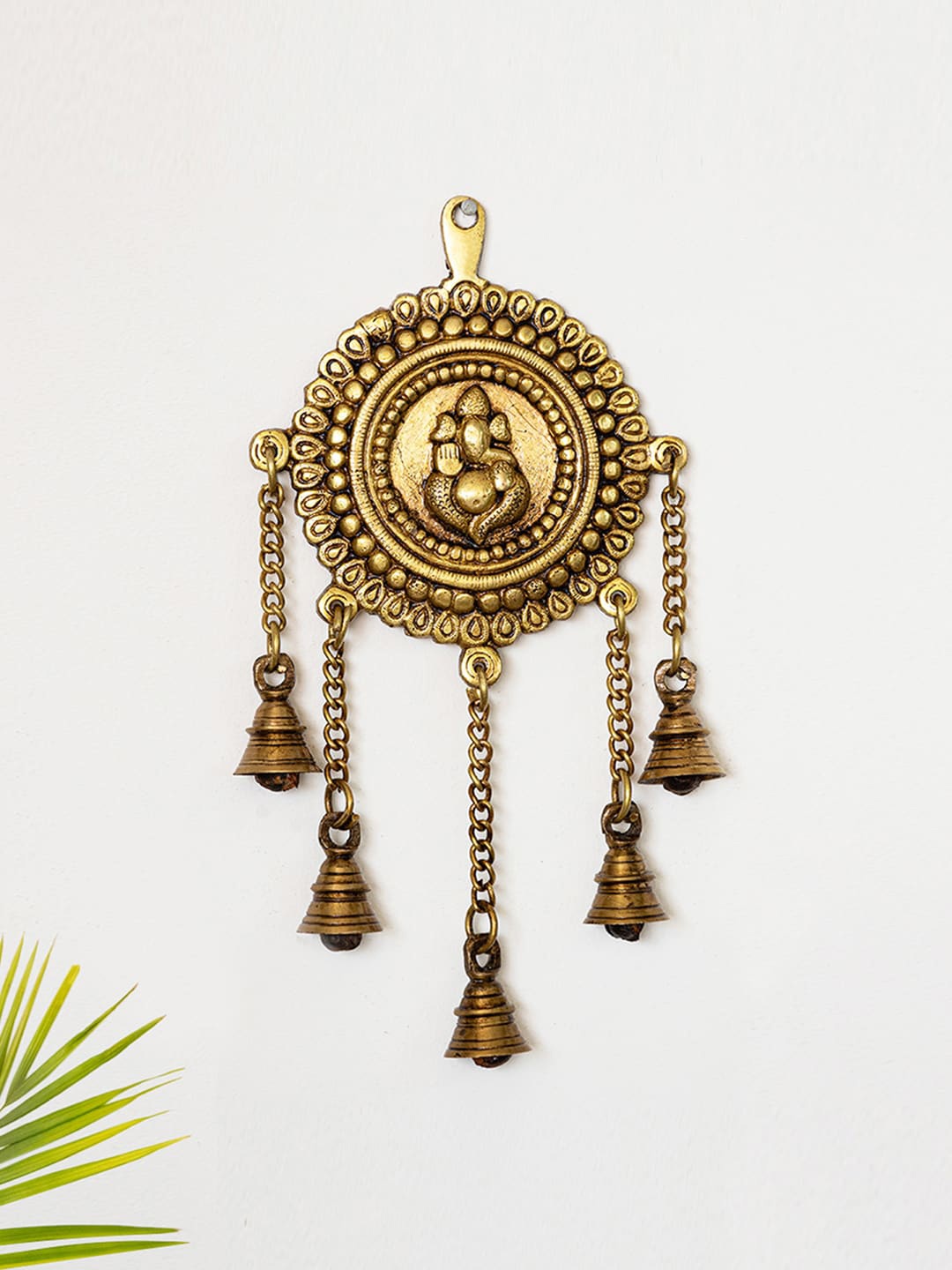 

ExclusiveLane Gold-Toned Brass Shree Ganesha Wall Decor with Hanging Bells
