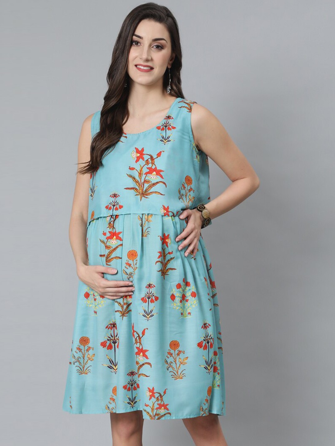 

AKS Floral Printed Maternity A-Line Cotton Dress, Blue