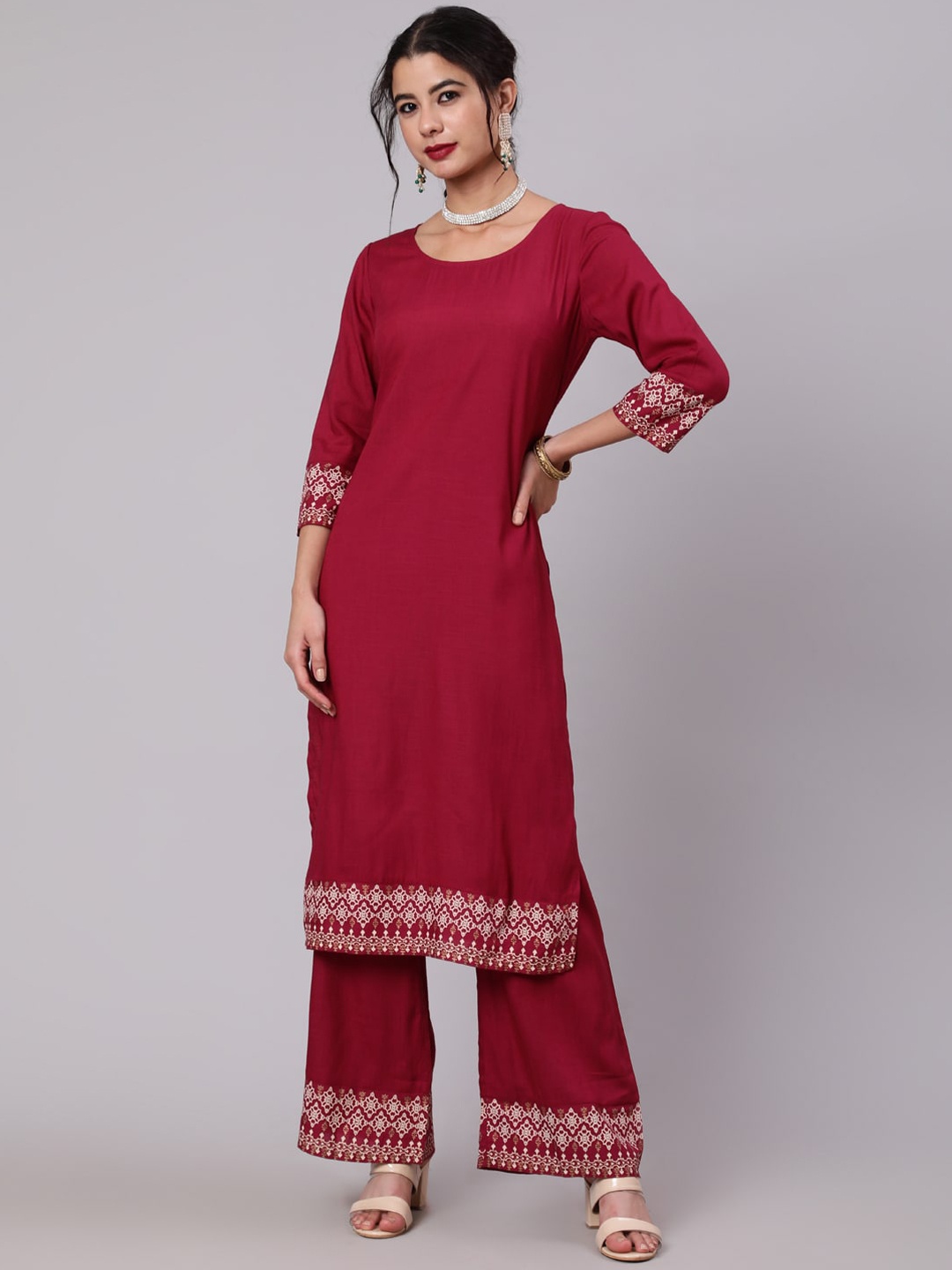 

AKS Ethnic Motifs Printed Round Neck Kurta with Palazzos, Magenta