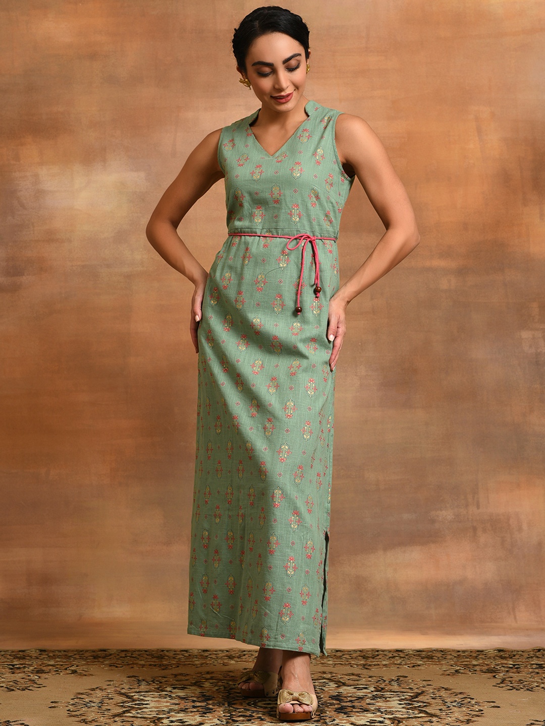 

AKS Ethnic Motifs Printed V-Neck Cotton Maxi Dress, Sea green