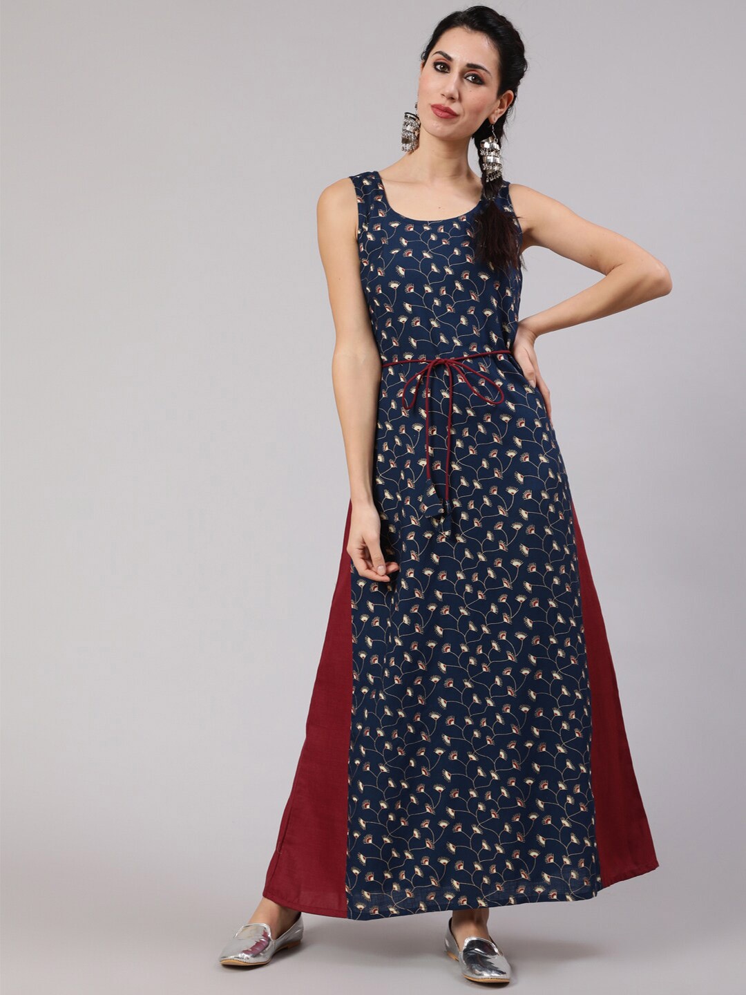 

AKS Ethnic Motifs Printed Sleeveless Cotton Maxi Dress, Navy blue
