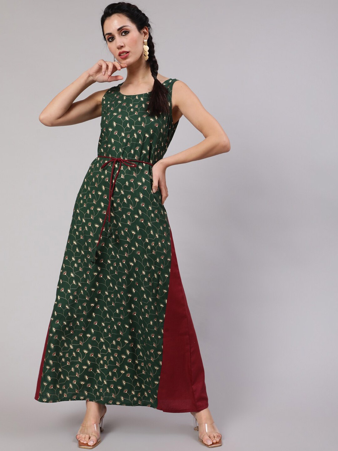 

AKS Floral Printed Round Neck Belted A-Line Maxi Ethnic Dress, Green