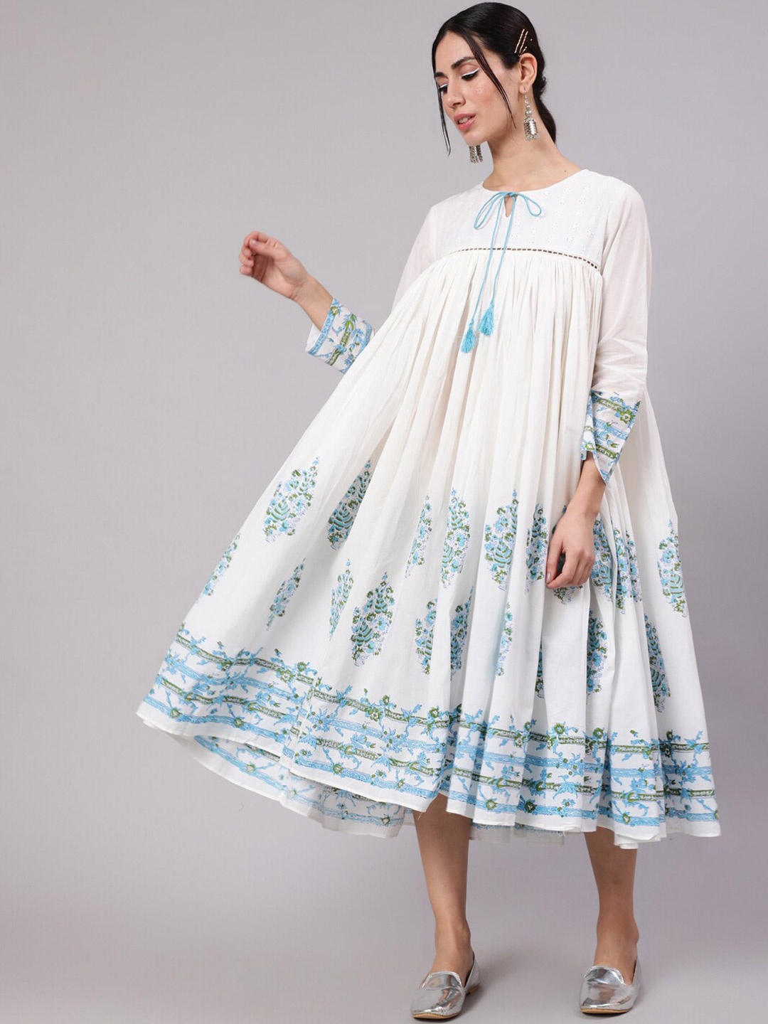 

AKS Floral Printed Tie-Up Neck Gathered Pure Cotton A-Line Midi Dress, White