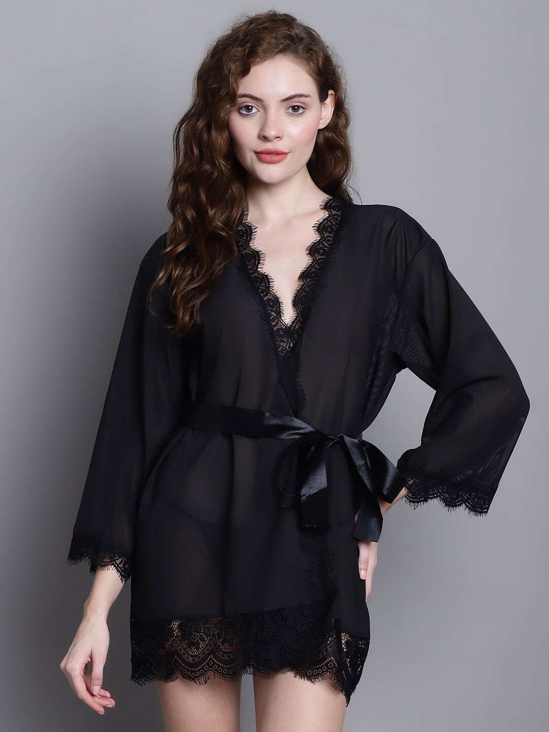 

Shararat Solid V-Neck Robe With Lace Trims, Black