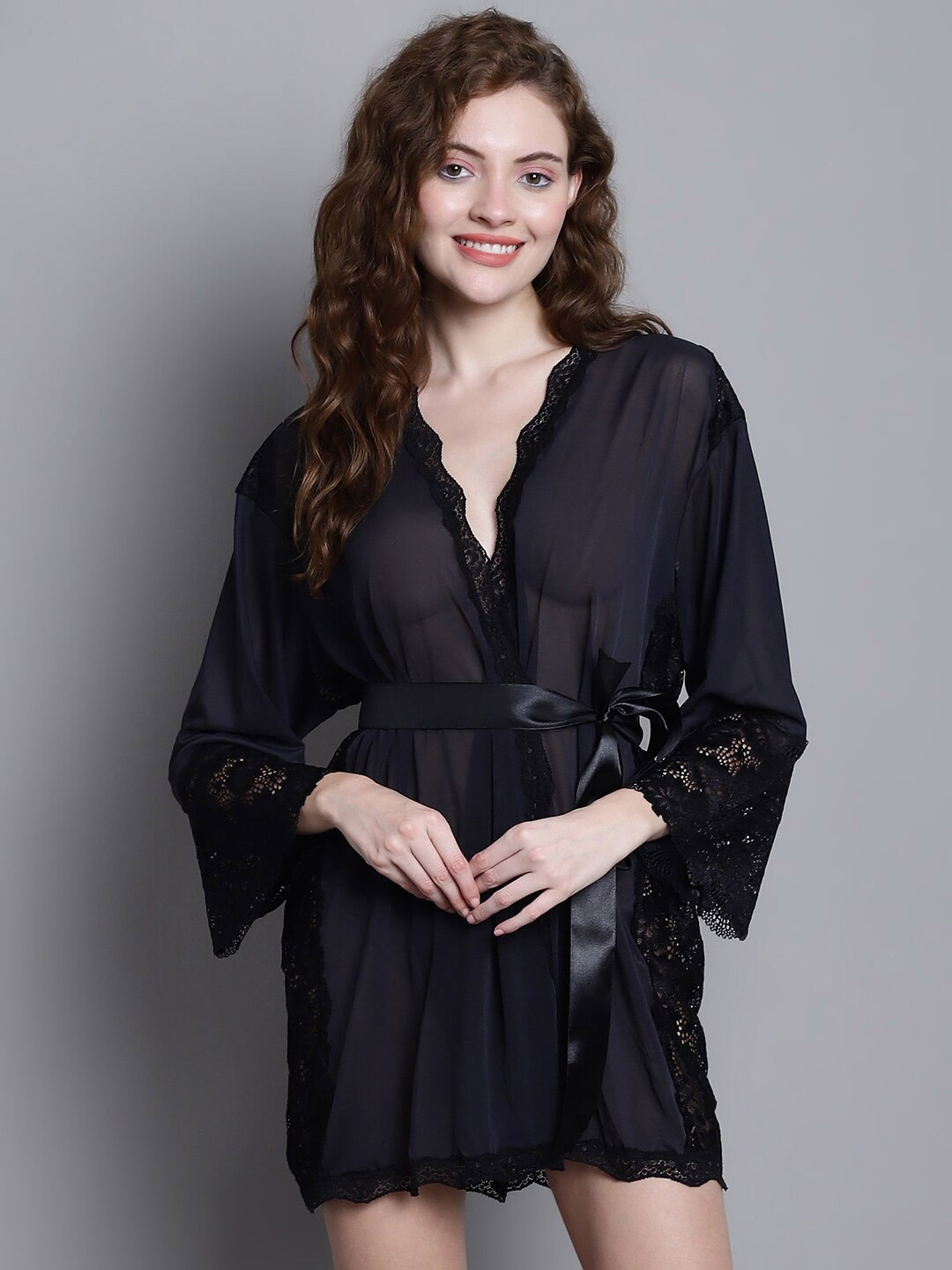 

Shararat Solid V-Neck Robe With Lace Trims, Black
