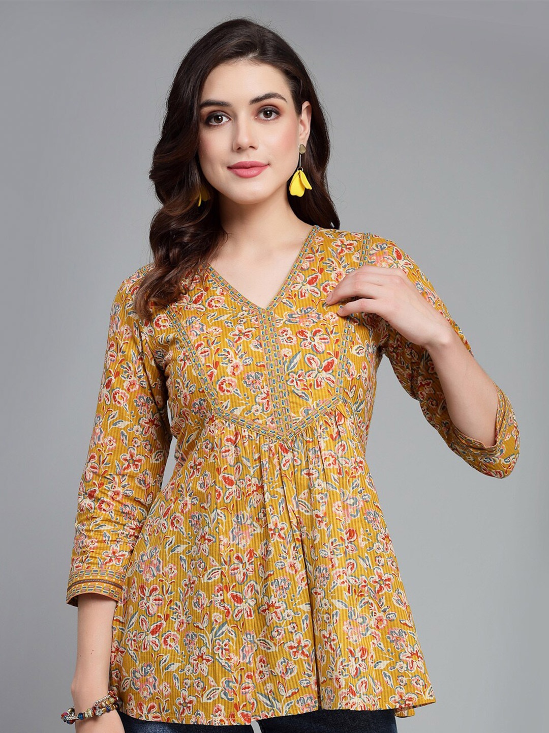 

QOMN Floral Printed V-Neck Gathered Pure Cotton Longline Empire Top, Yellow