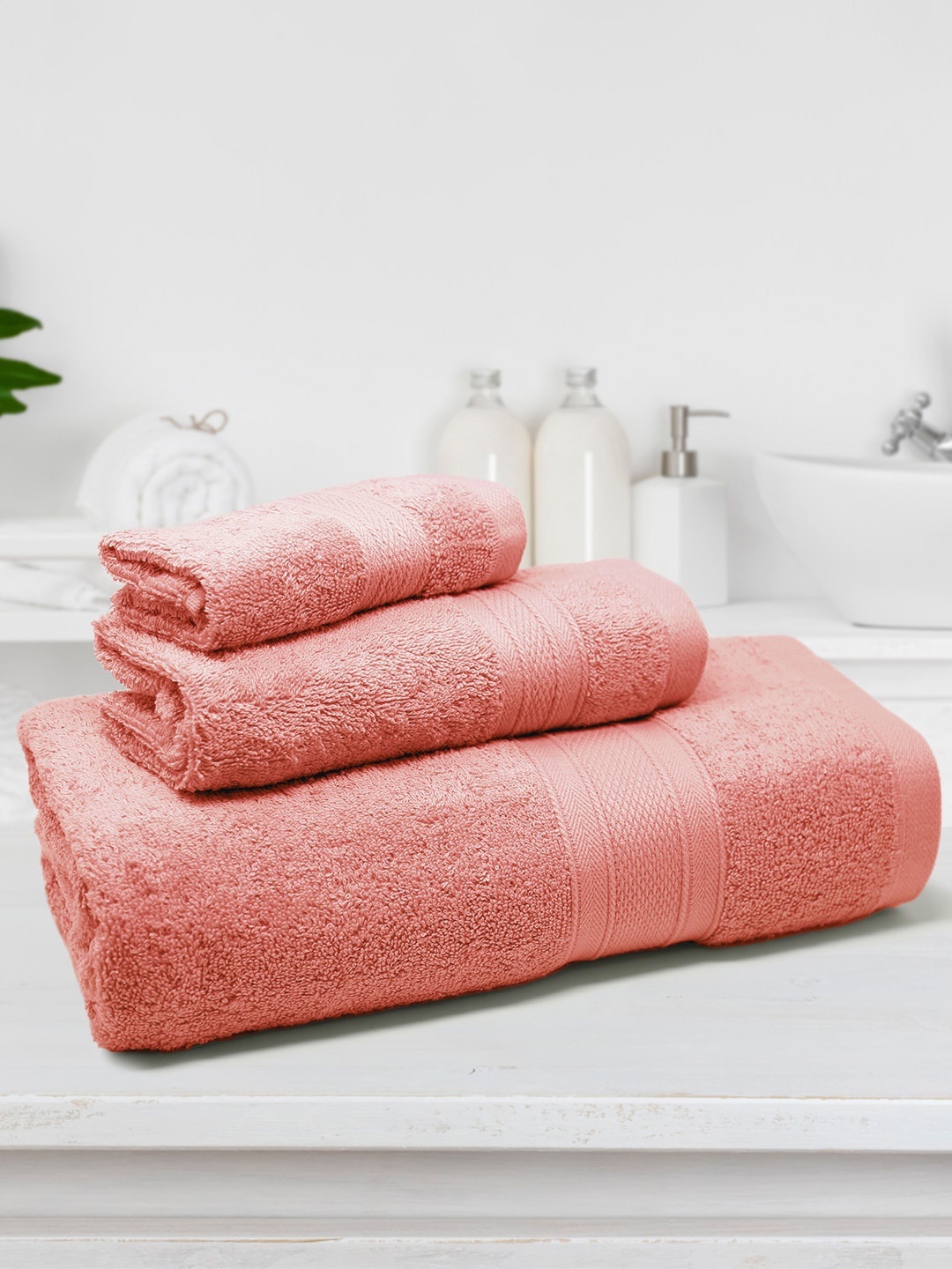 

MYTRIDENT Coral Pink-Colored 3 Pieces Pure-Cotton 500GSM Towel Set