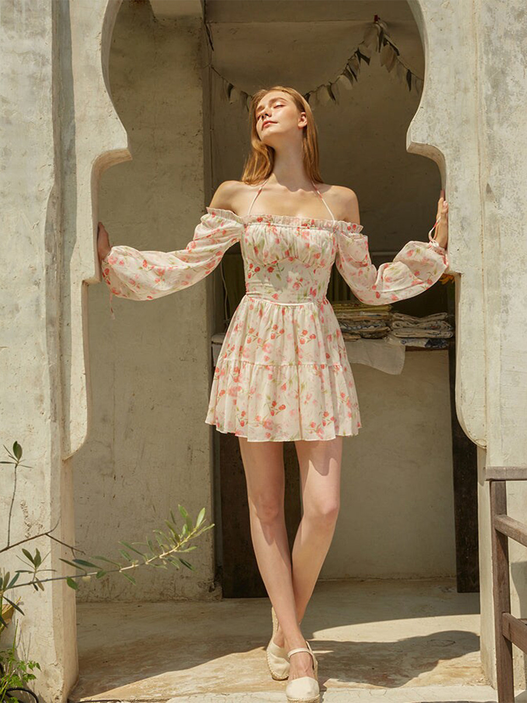 

BAESD Floral Printed Tiered Off Shoulder Puff Sleeve Georgette Fit & Flare Mini Dress, White