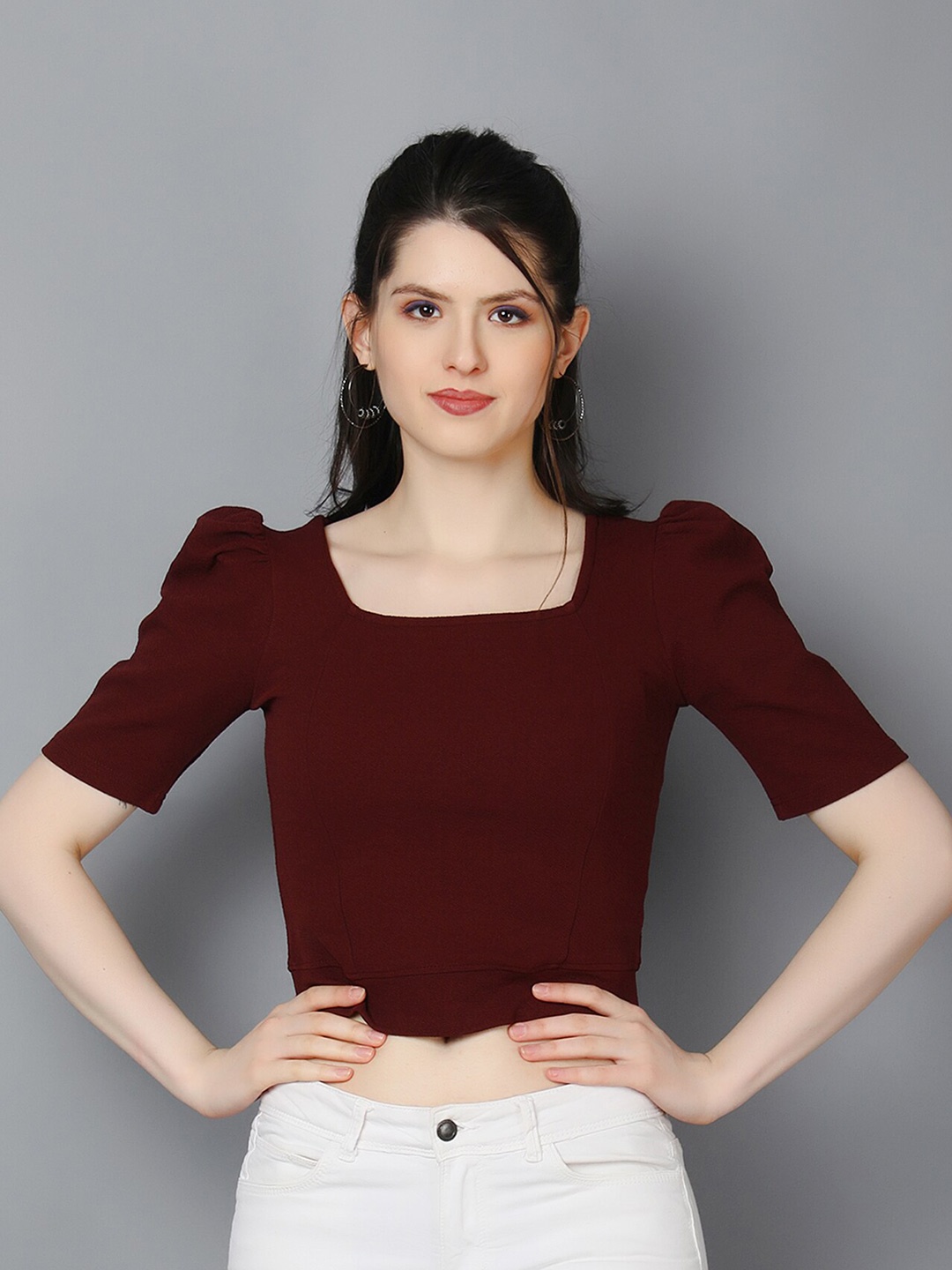 

Zuvino Square Neck Puff Sleeve Regular Crop Top, Brown