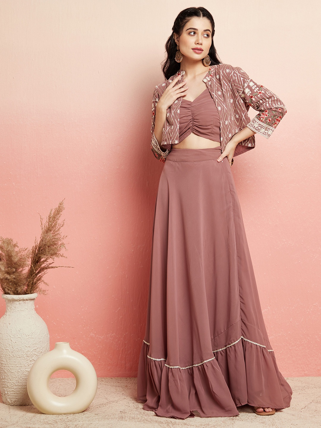 

AKS Couture Square Neck Ready to Wear Lehenga With Choli & Jacket, Mauve