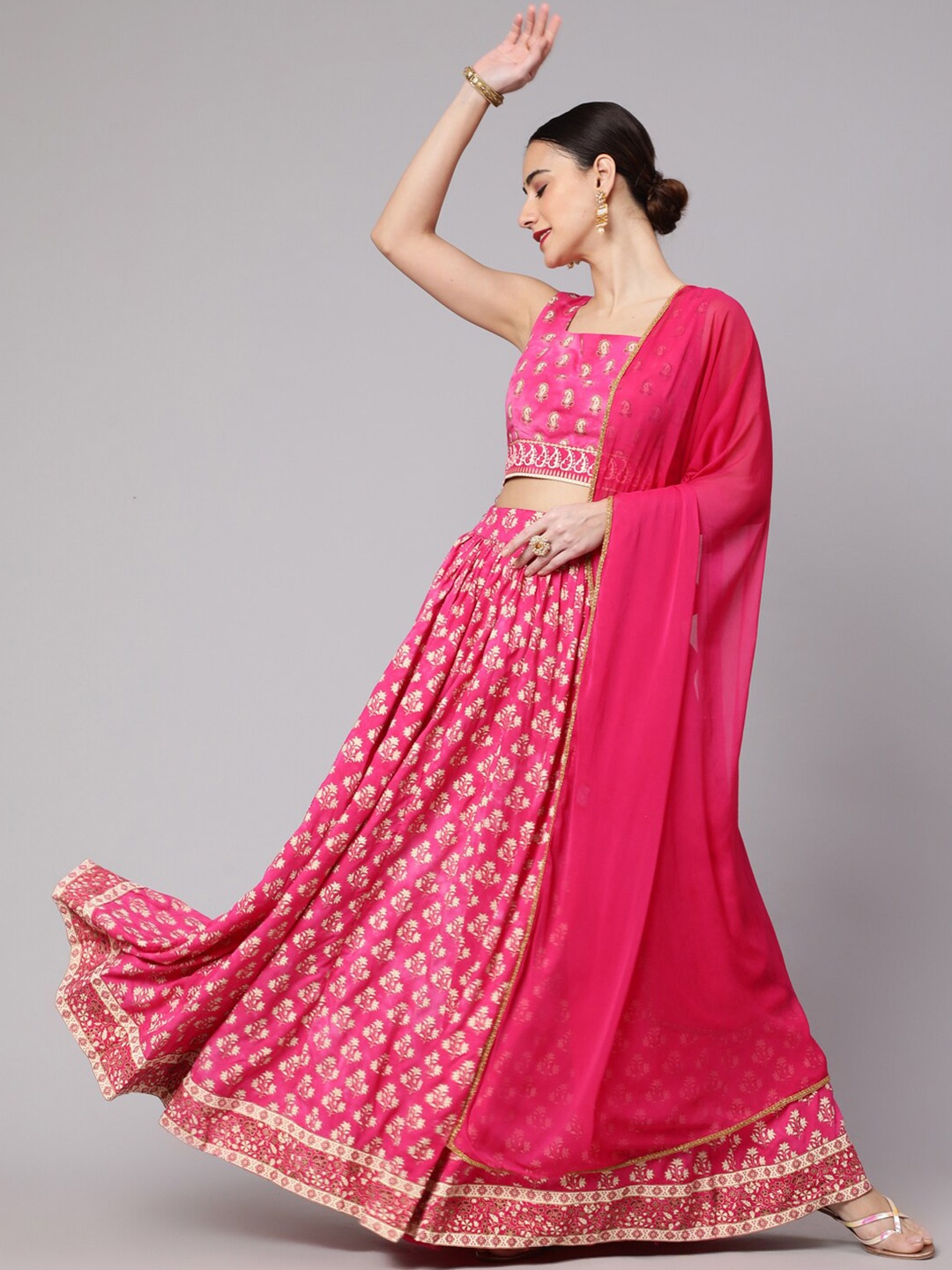 

AKS Couture Ethnic Motifs Printed Ready to Wear Lehenga With Choli & Dupatta, Pink